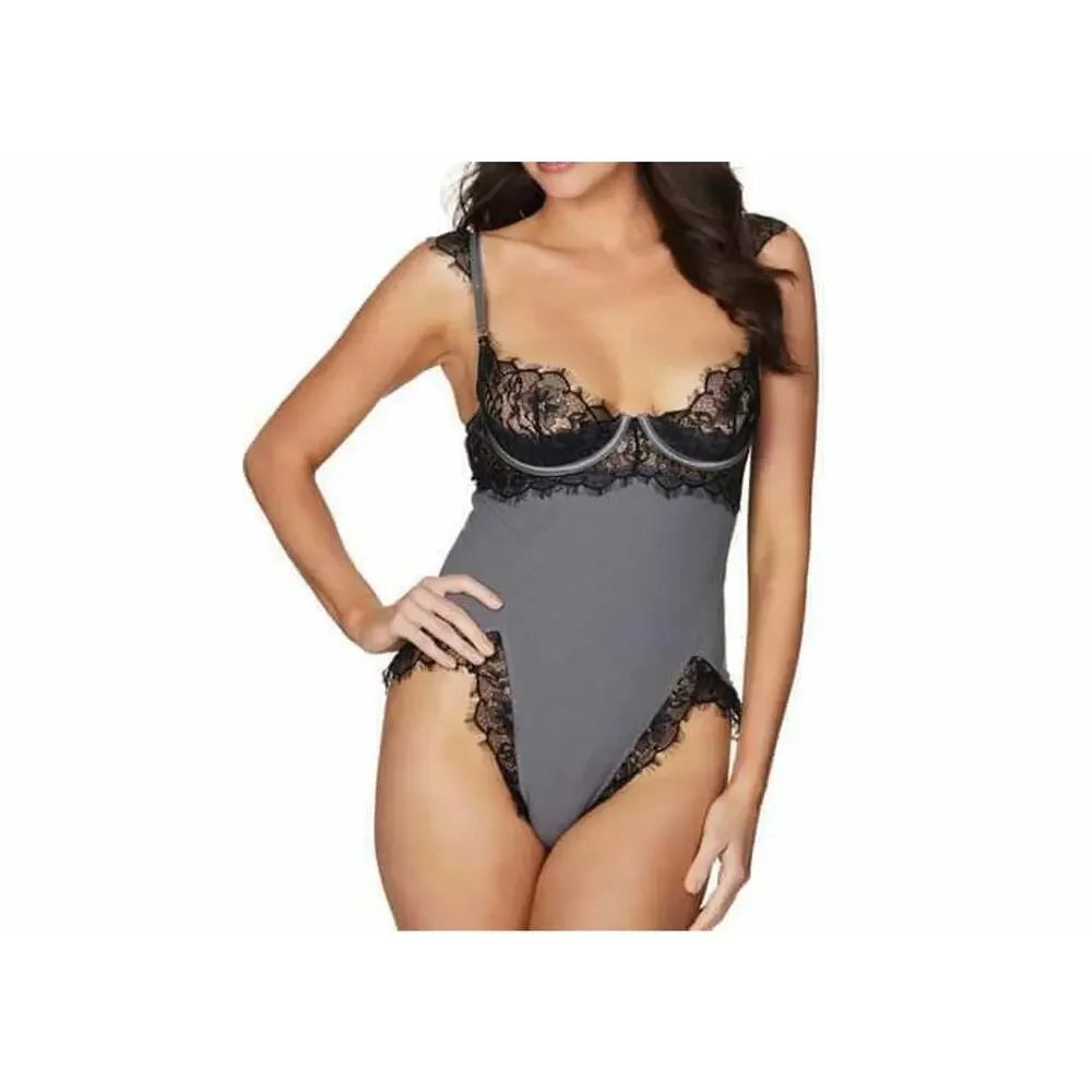 OH LA LA CHERI Women's Rib Knit‎ And Eyelash Lace Teddy Grey Black Size L NWT